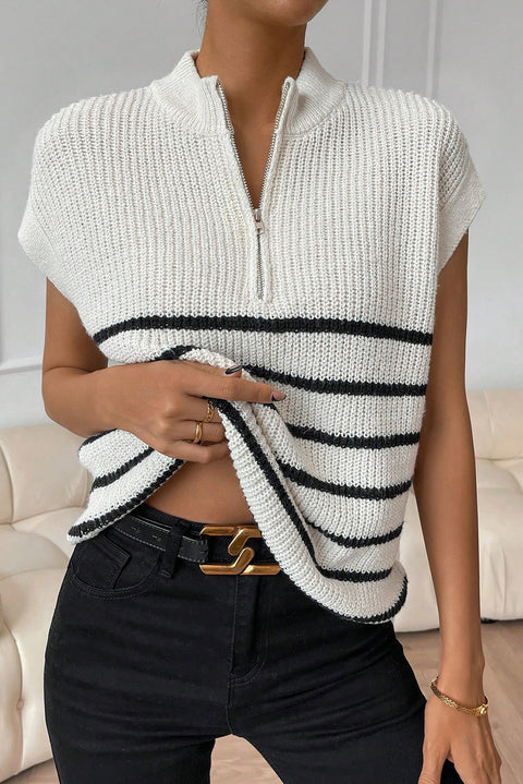 Striped Mock Neck Half Zip Sweater Vest Trendsi