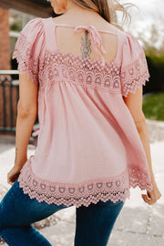 Lace Detail Square Neck Short Sleeve Blouse Trendsi