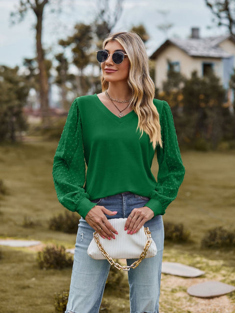 Swiss Dot V-Neck Long Sleeve Blouse Trendsi