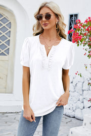 Frill Notched Short Sleeve Blouse Trendsi