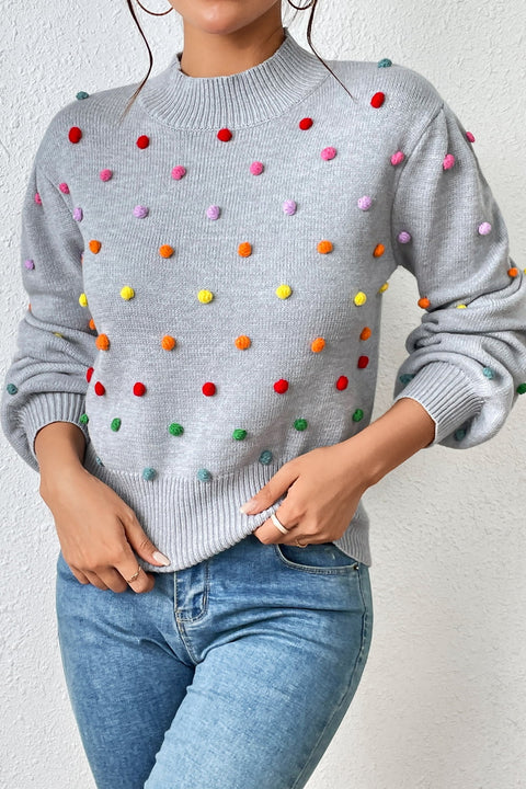 Pom-Pom Trim Mock Neck Long Sleeve Pullover Sweater Trendsi