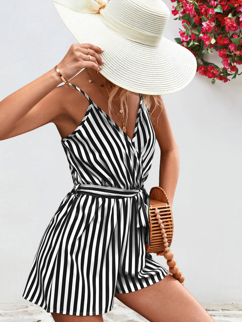 Striped Tie Waist Spaghetti Strap Romper Trendsi