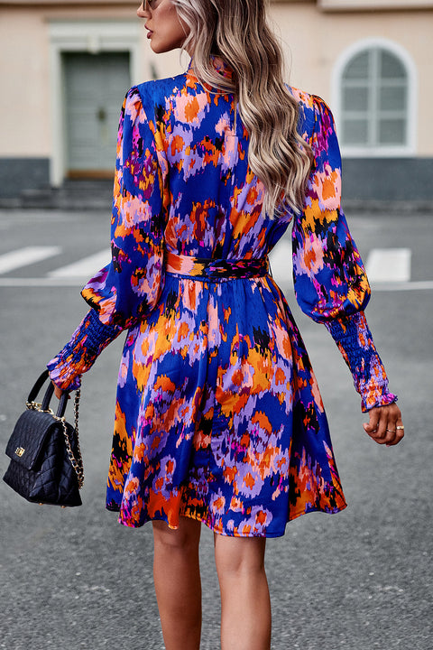 Printed Tie Waist Mock Neck Lantern Sleeve Dress Trendsi