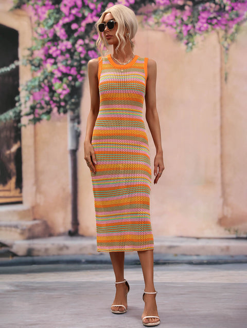 Striped Round Neck Sleeveless Midi Cover Up Dress Trendsi