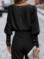 Round Neck Lantern Sleeve Blouse Trendsi