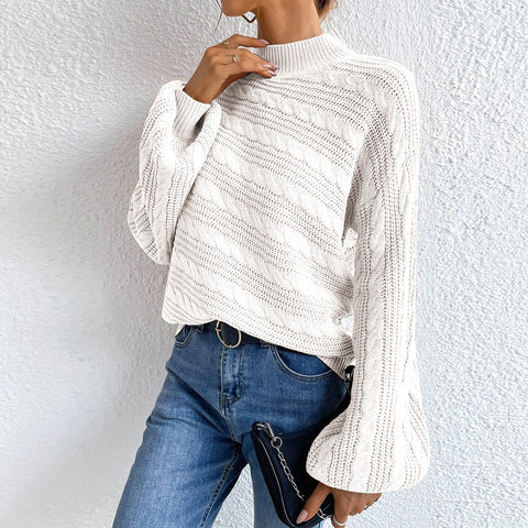 Cable-Knit Mock Neck  Long Sleeve Sweater Trendsi