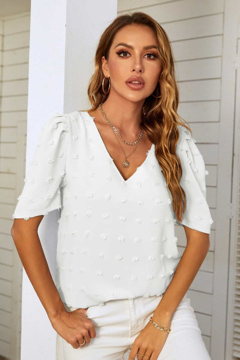 Swiss Dot V-Neck Puff Sleeve Blouse