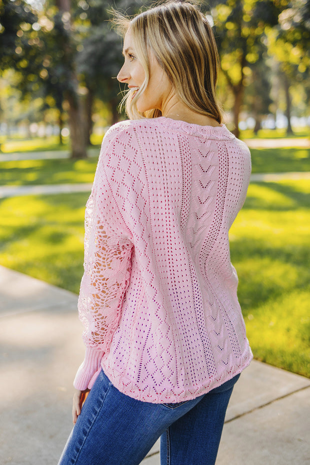 Openwork Lantern Sleeve Dropped Shoulder Sweater Trendsi