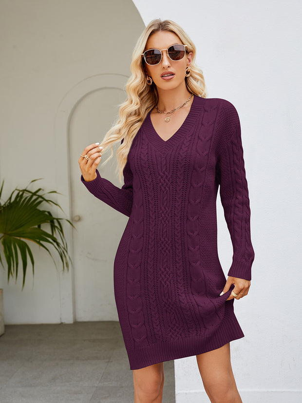 Cable-Knit V-Neck Mini Sweater Dress Trendsi