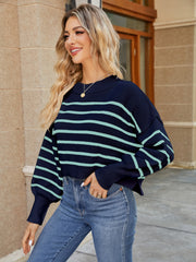 Round Neck Striped Lantern Sleeve Sweater