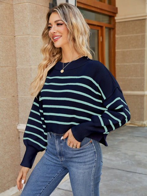 Round Neck Striped Lantern Sleeve Sweater Trendsi