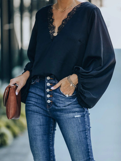 Lace Detail V-Neck Long Sleeve Blouse Trendsi