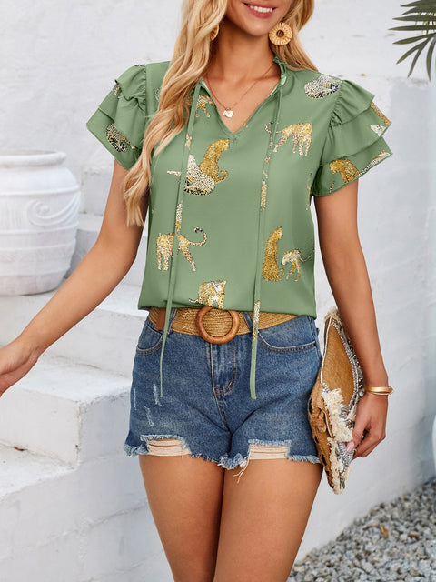 Ruffled Printed Tie Neck Short Sleeve Blouse