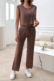 Ribbed Round Neck Top and Pants Set Trendsi