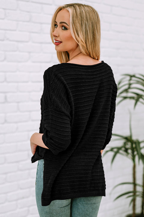 Round Neck Dropped Shoulder Side Slit Pullover Sweater Trendsi