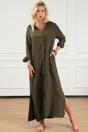 Texture Collared Neck Button Up Slit Shirt Dress Trendsi