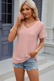 Eyelet V-Neck Short Sleeve T-Shirt Trendsi