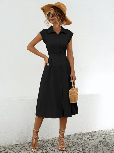 Button Up Cap Sleeve Midi Dress Trendsi