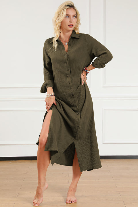 Texture Collared Neck Button Up Slit Shirt Dress Trendsi