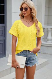 Eyelet V-Neck Short Sleeve T-Shirt Trendsi