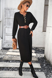 Decorative Button Notched Dropped Shoulder Sweater Dress Trendsi