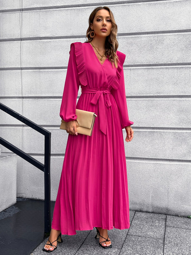 Pleated Surplice Tie Waist Maxi Dress Trendsi