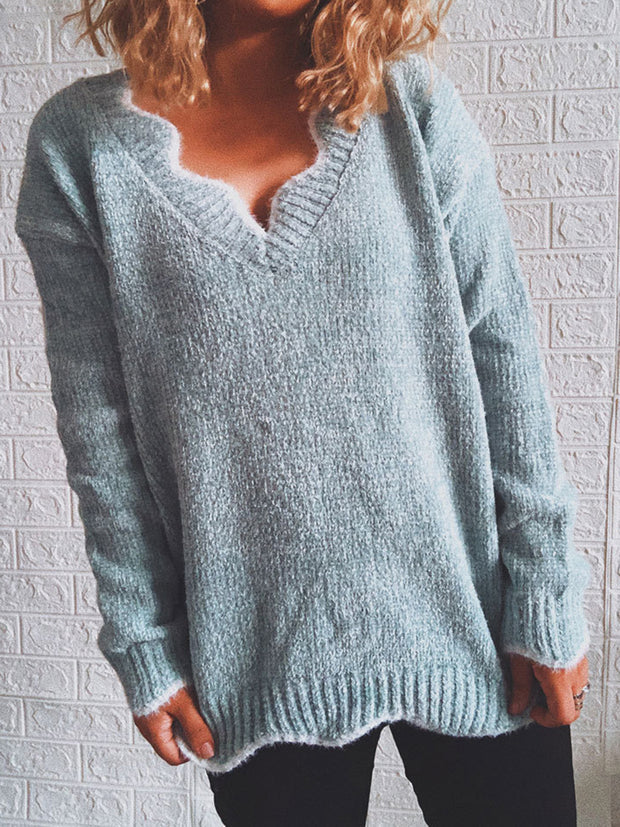 Notched Dropped Shoulder Long Sleeve Sweater Trendsi