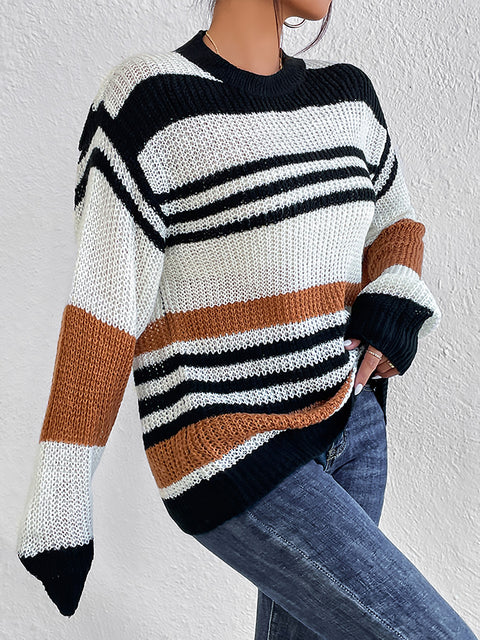 Striped Round Neck Sweater Trendsi