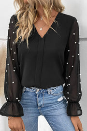 Pearl Detail V-Neck Flounce Sleeve Blouse Trendsi