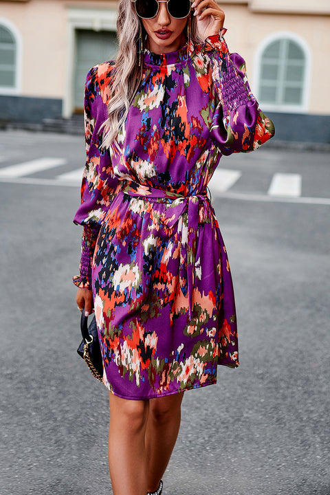 Printed Tie Waist Mock Neck Lantern Sleeve Dress Trendsi