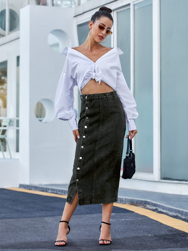 Button Down Denim Skirt Trendsi