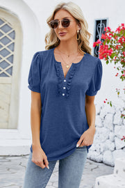 Frill Notched Short Sleeve Blouse Trendsi