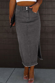 Raw Hem Slit Pocketed Midi Denim Skirt Trendsi