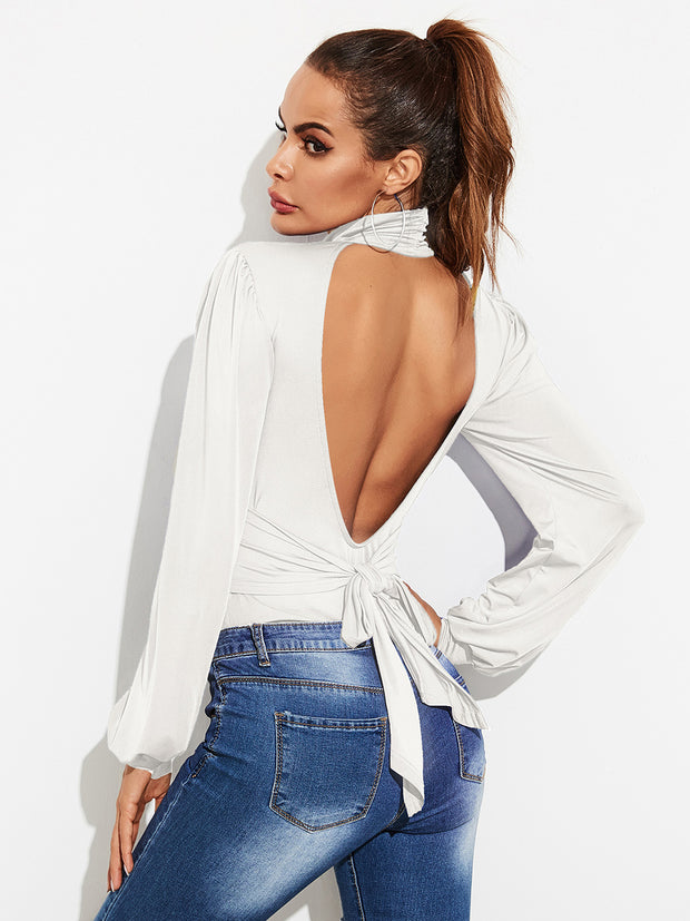 Backless Tie-Waist Turtleneck Lantern Sleeve Bodysuit Trendsi