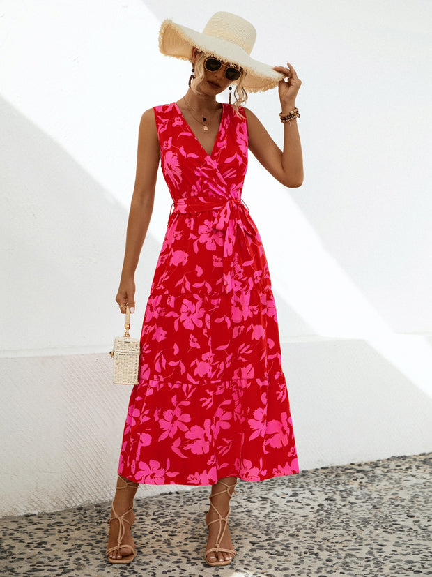 Tied Printed Surplice Tiered Dress Trendsi