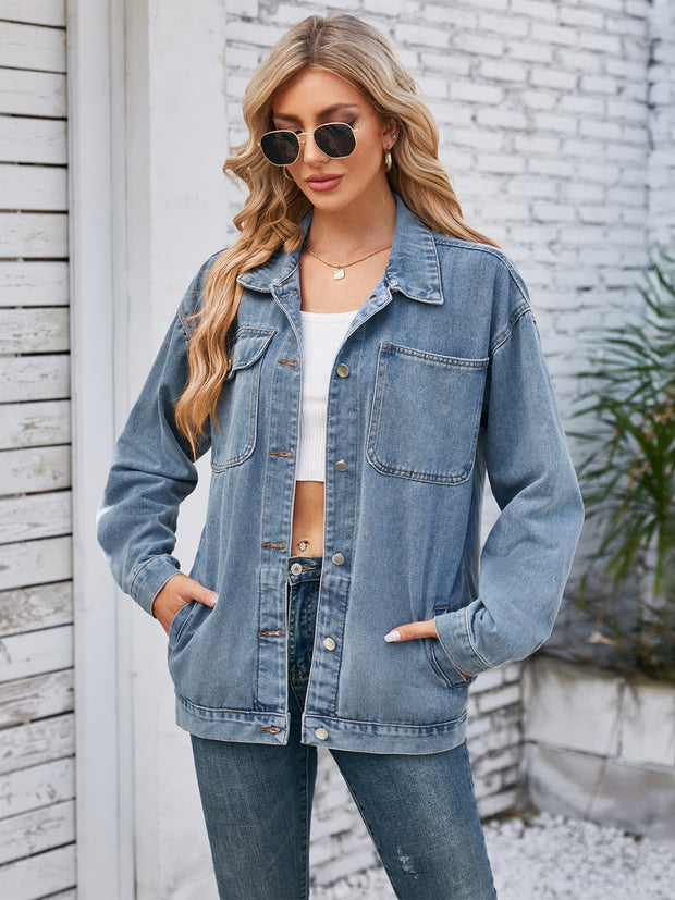 Pocketd Button Up Detachable Hooded Denim Jacket Trendsi