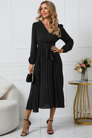 V-Neck Long Sleeve Tie Waist Midi Dress Trendsi