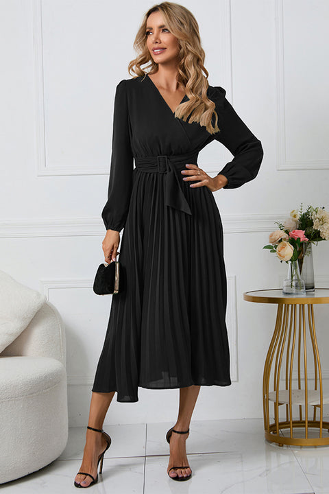 V-Neck Long Sleeve Tie Waist Midi Dress