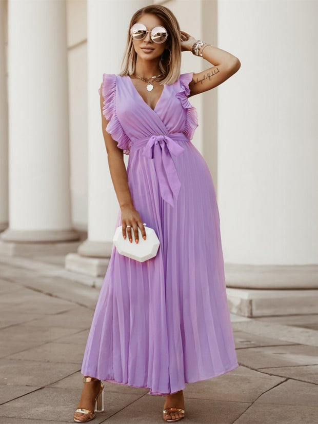 Tied Surplice Cap Sleeve Pleated Dress Trendsi