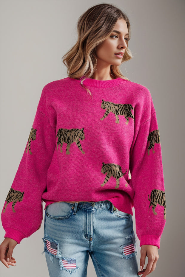 Tiger Pattern Round Neck Drop Shoulder Sweater Trendsi