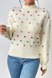 Pom-Pom Trim Mock Neck Long Sleeve Pullover Sweater Trendsi