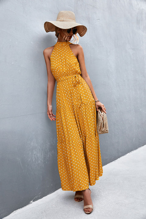 Printed Sleeveless Tie Waist Maxi Dress Trendsi