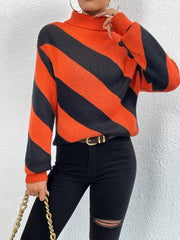 Striped Turtleneck Dropped Shoulder Sweater Trendsi