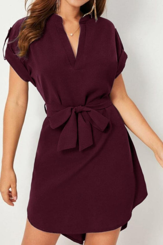 Tied Notched Short Sleeve Dress Trendsi