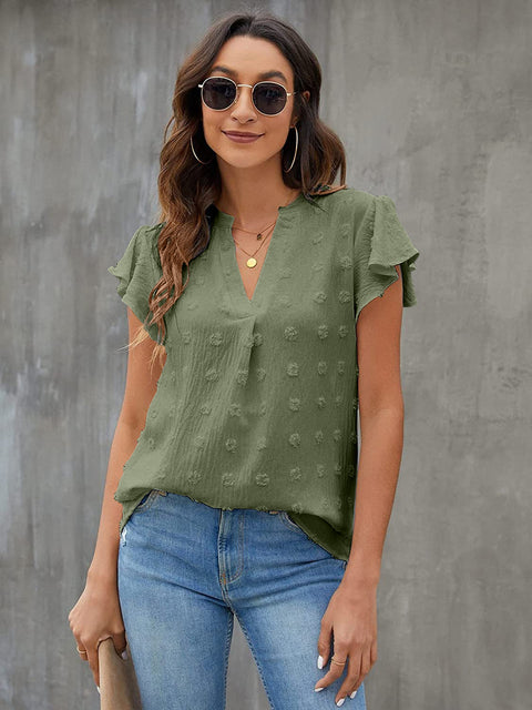 Swiss Dot Notched Flutter Sleeve Blouse Trendsi