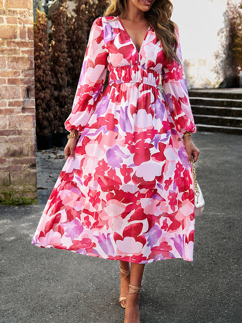 Printed V-Neck Long Sleeve Midi Dress Trendsi