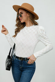 Round Neck Eyelet Long Sleeve Blouse Trendsi