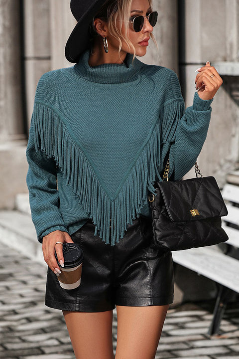 Turtle Neck Tassel Front Long Sleeve Pullover Sweater Trendsi