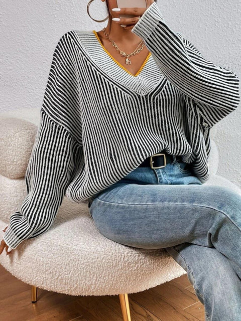 Striped V-Neck Long Sleeve Sweater Trendsi