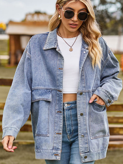 Dropped Shoulder Denim Jacket with Pockets Trendsi